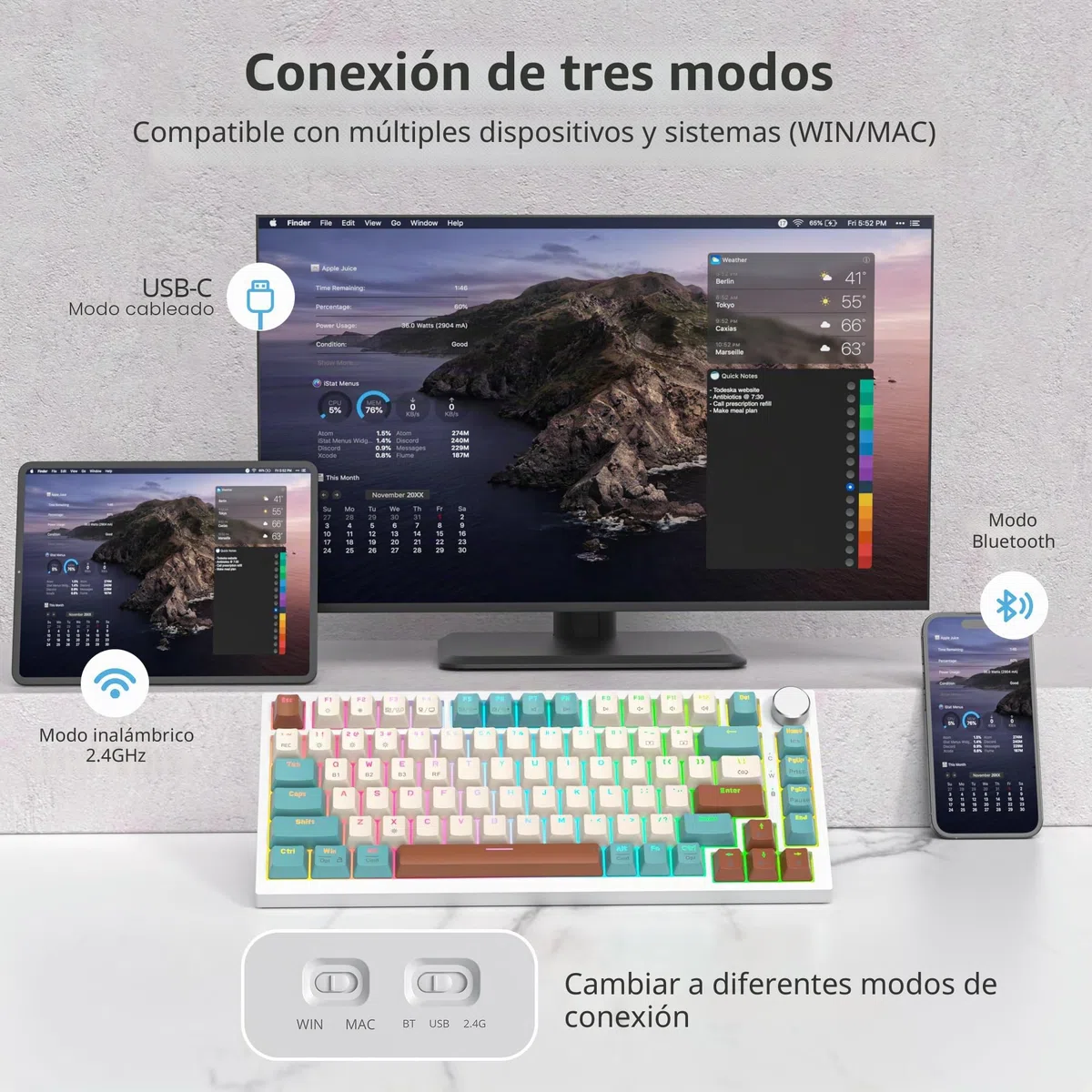 SOLIDEE teclado intercambiable en caliente 75% con perilla,Bluetooth 5.0/2.4GHz/USB-C Teclado mecánico Gasket,retroiluminación RGB teclado mecánico para juegos para Win Mac,Cream Grey Switch(82 Brown)