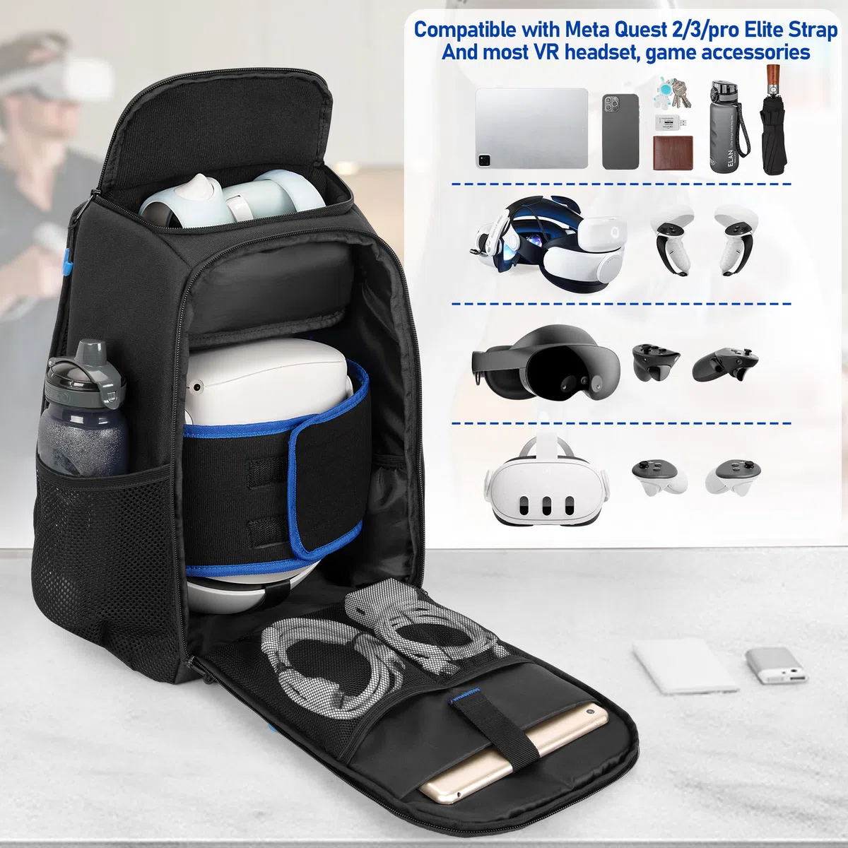 PGmoon Bolsa de transporte de almacenamiento compatible con Oculus Meta Quest 2/Quest 3/Quest Pro/VR Elite correa y controlador, mochila de viaje con mucho espacio para accesorios (diseño patentado)