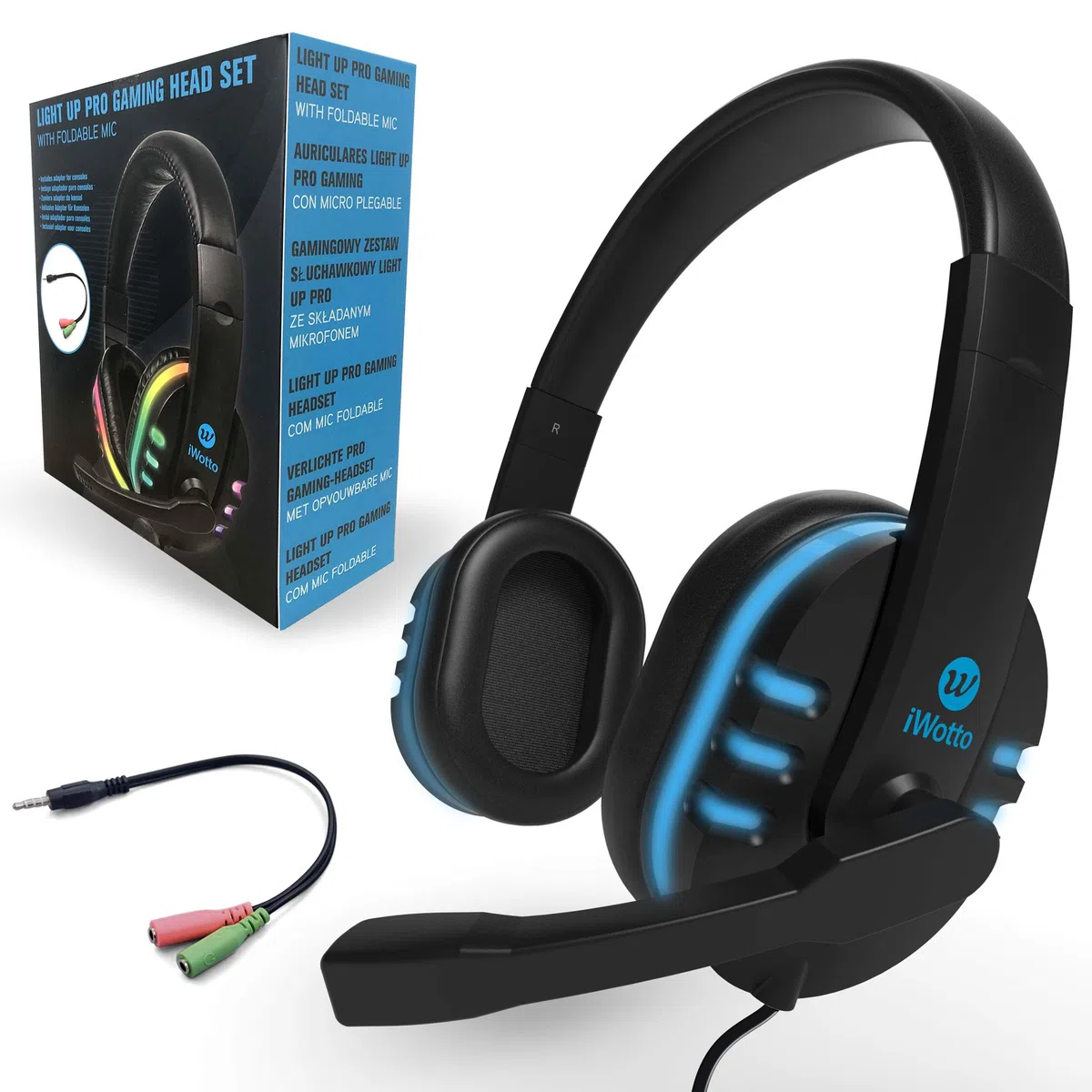Cascos Gaming iWotto, Auriculares Gaming De Diadema Cancelación Ruido, Auriculares con Micrófono Flexible, Orejeras Cómodas Iluminación RGB para PS4 Xbox One PC Tablet