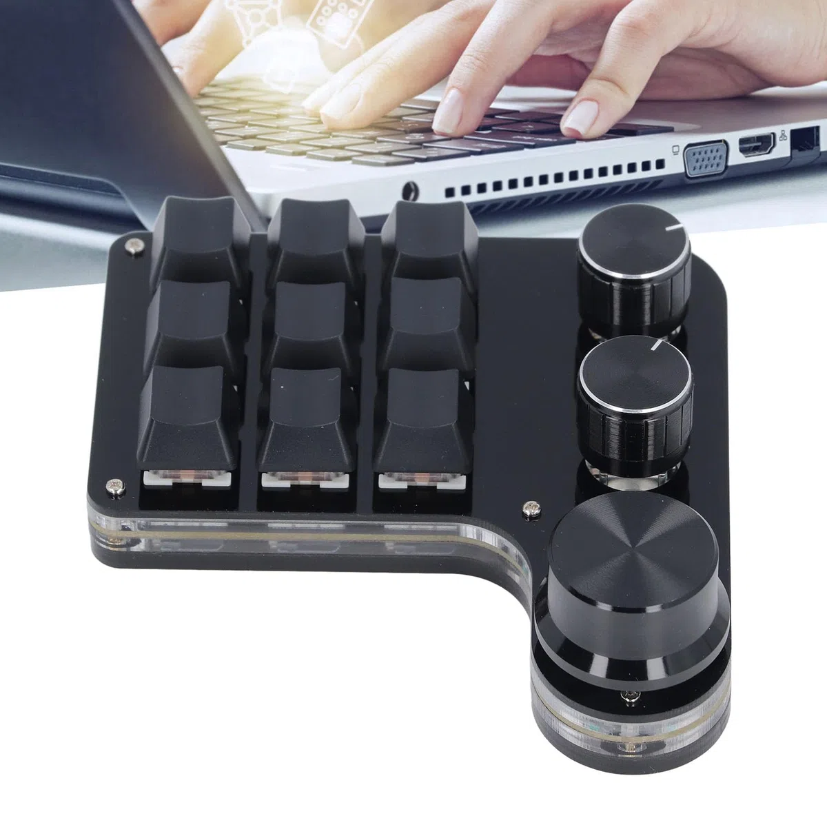 YWBL-WH Teclado Mecánico para Jugar, Mini Macro USB, 9 Teclas, 3 Perillas, Teclado LED RGB, Macro Play, Teclado USB de PC con una Mano para