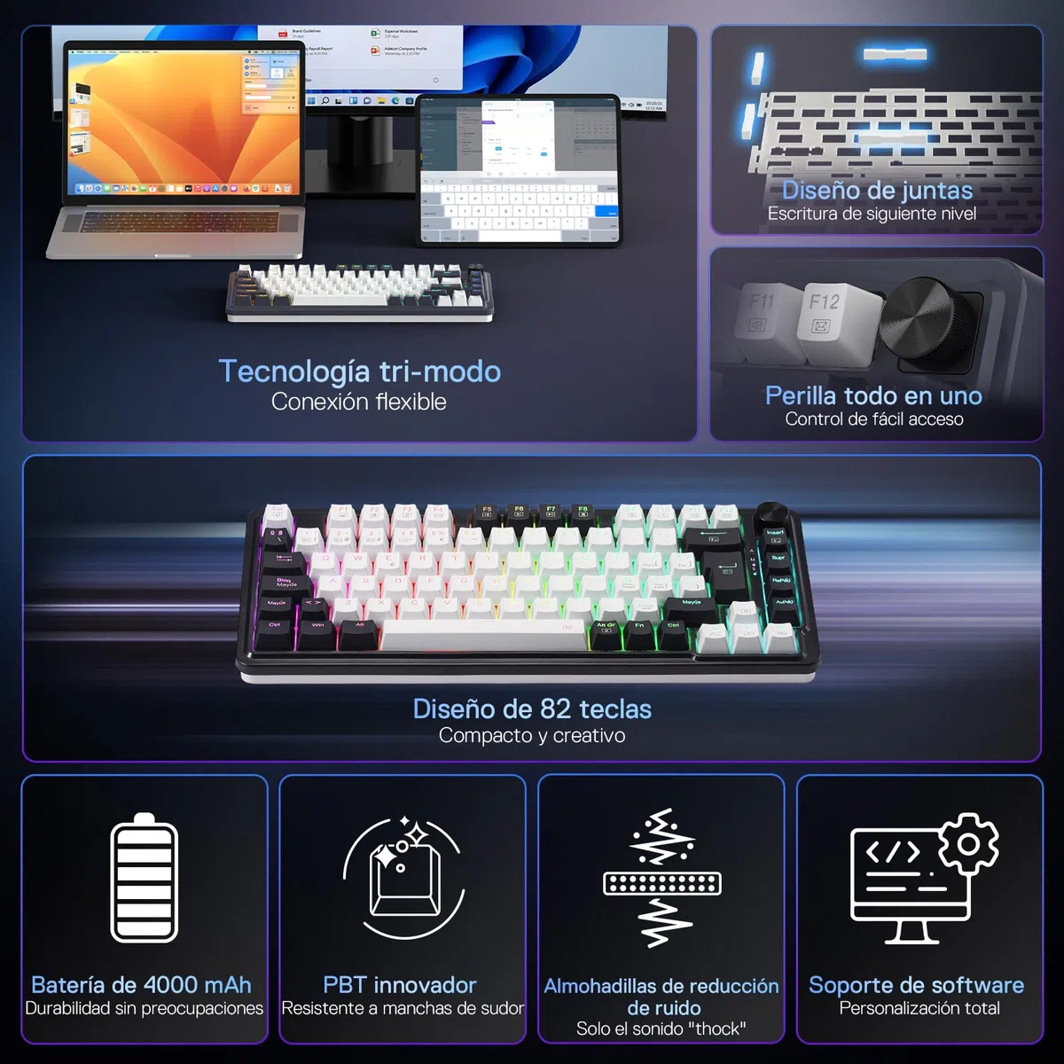 Redragon K673 Pro 75% Gasket RGB Teclado Mecánico, Teclado Gaming con Perilla, 82 Teclas, 2.4Ghz/BT/USB-C, Espumas Absorbentes de Sonido, Hot-Swap Interruptor Rojo, 4000mAh batería, QWERTY Español