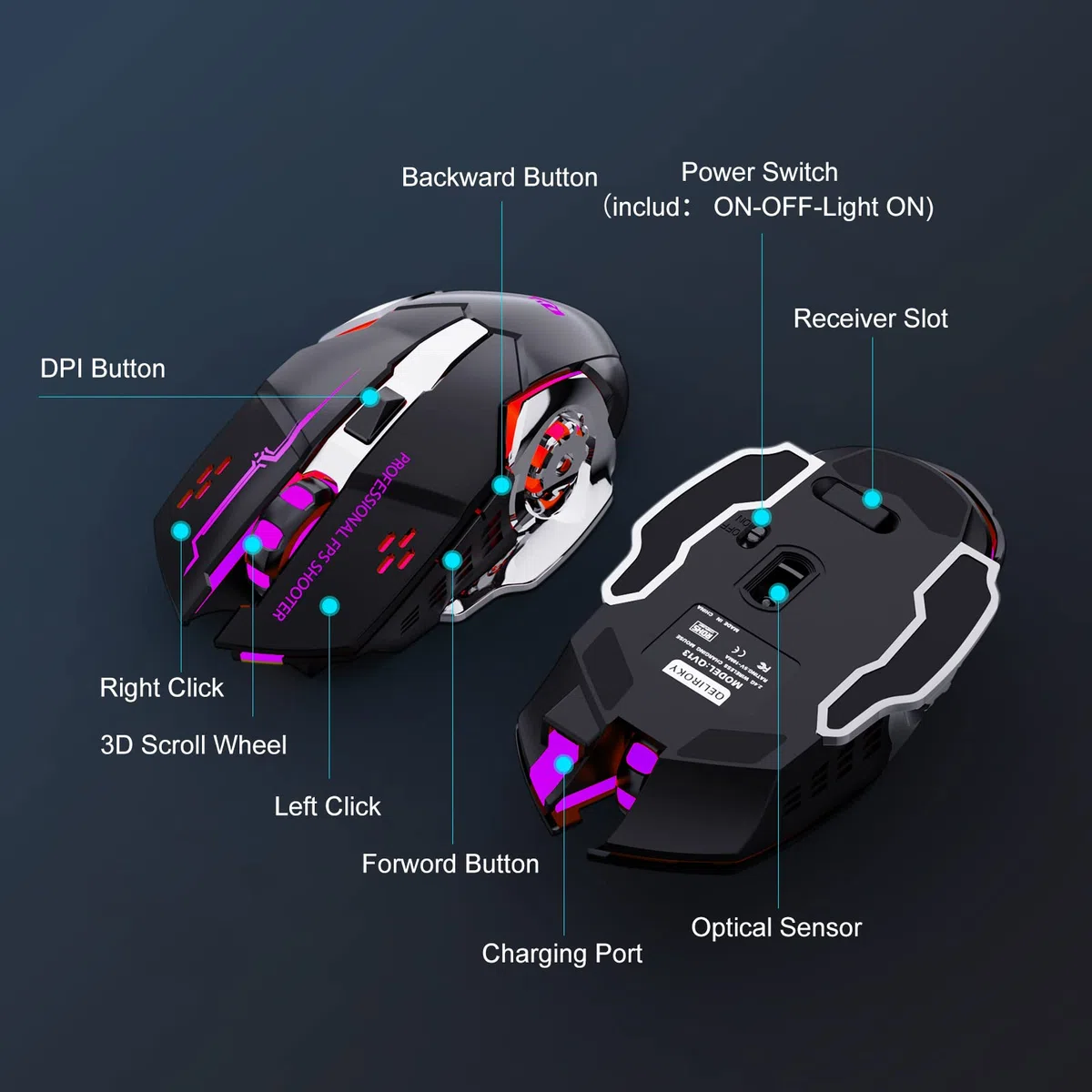 QELIROKY Ratón inalámbrico recargable de 2.4 G para juegos, clic silencioso con 6 botones, 3 niveles ajustables DPI, luces LED coloridas para laptop, iPad, MacOS, PC, Windows, Android (negro)