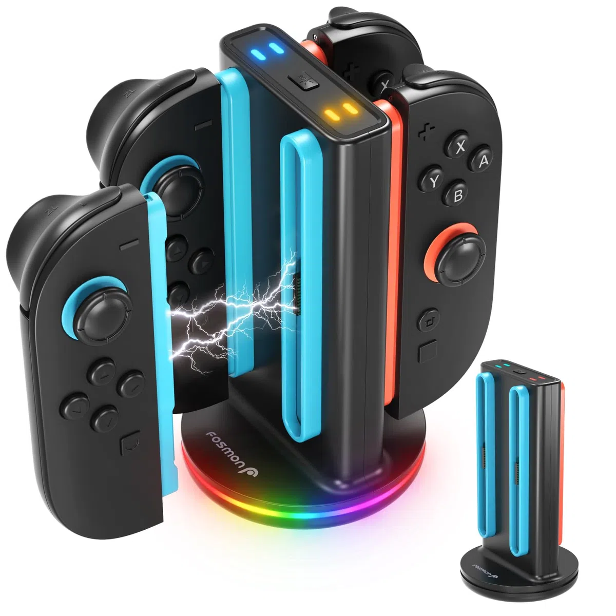 Fosmon Estación de Carga para Mandos Nintendo Switch 2 Joy-con – Carga Rápida 4 en 1 con Iluminación RGB (9 Modos) e Indicador LED – Cargador para Mandos Switch 2