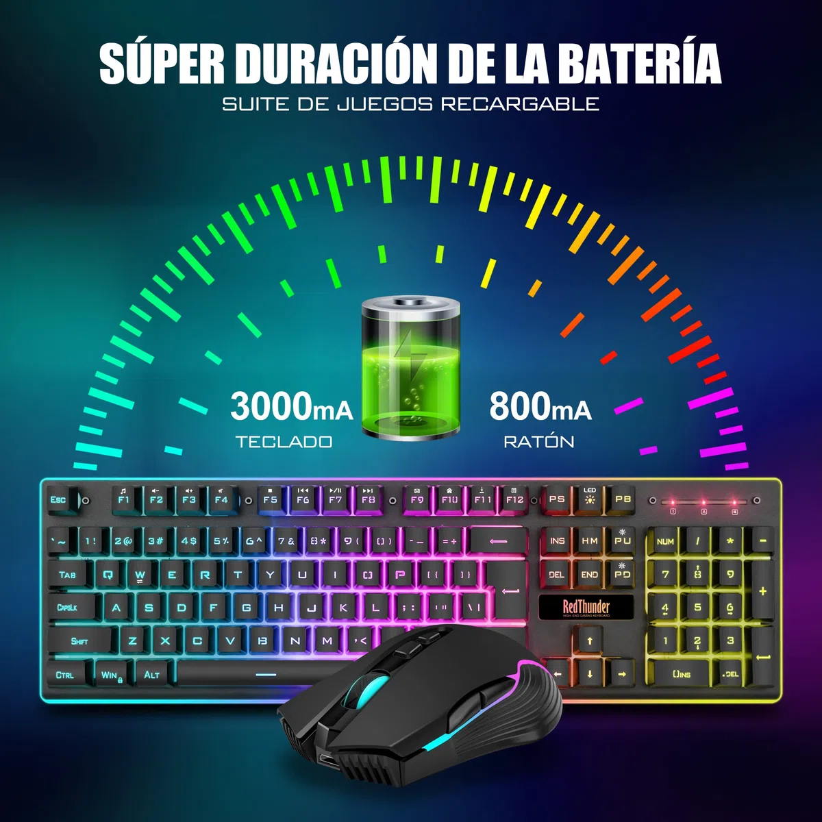 RedThunder K10 Teclado Gaming Sensación Mecánico lnalámbrico,Retroiluminación RGB,Batería Recargable de 3800 mAh, Anti-ghosting+Ratón 7D 3200DPI,Disposición ES,para PC/PS5/Xbox-Negro