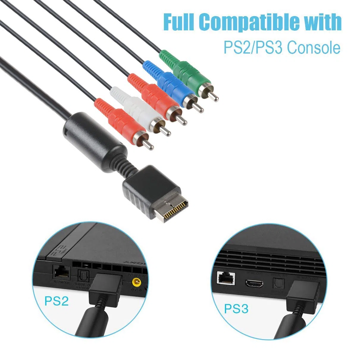TENINYU Compatible con PS2/PS3/PS3 Slim HDTV-Ready TV HD Component AV Cable de 5 cables de 6 pies, color negro