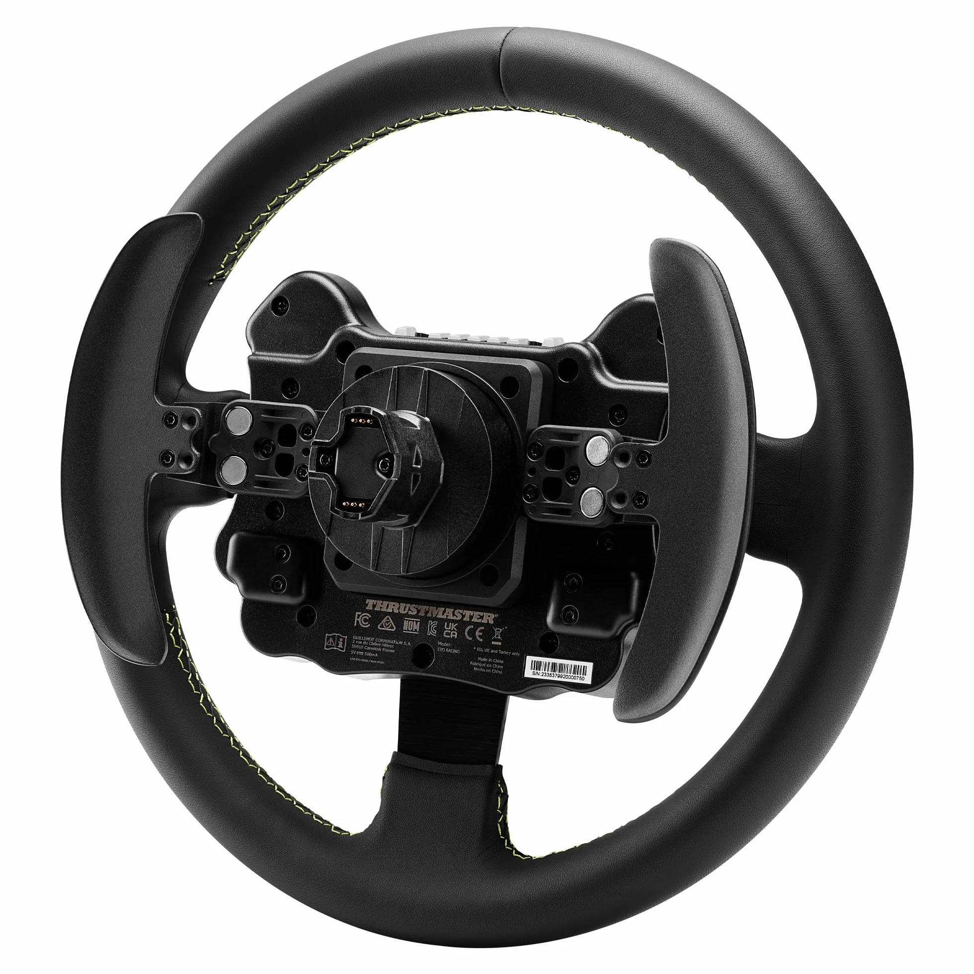 Thrustmaster EVO Racing 32R Leather - Volante de Cuero de 32 cm con EVO Hub (Buje Desmontable, Levas Magnéticas, 25 Botones, Compatible con PS5, Xbox y PC) Negro