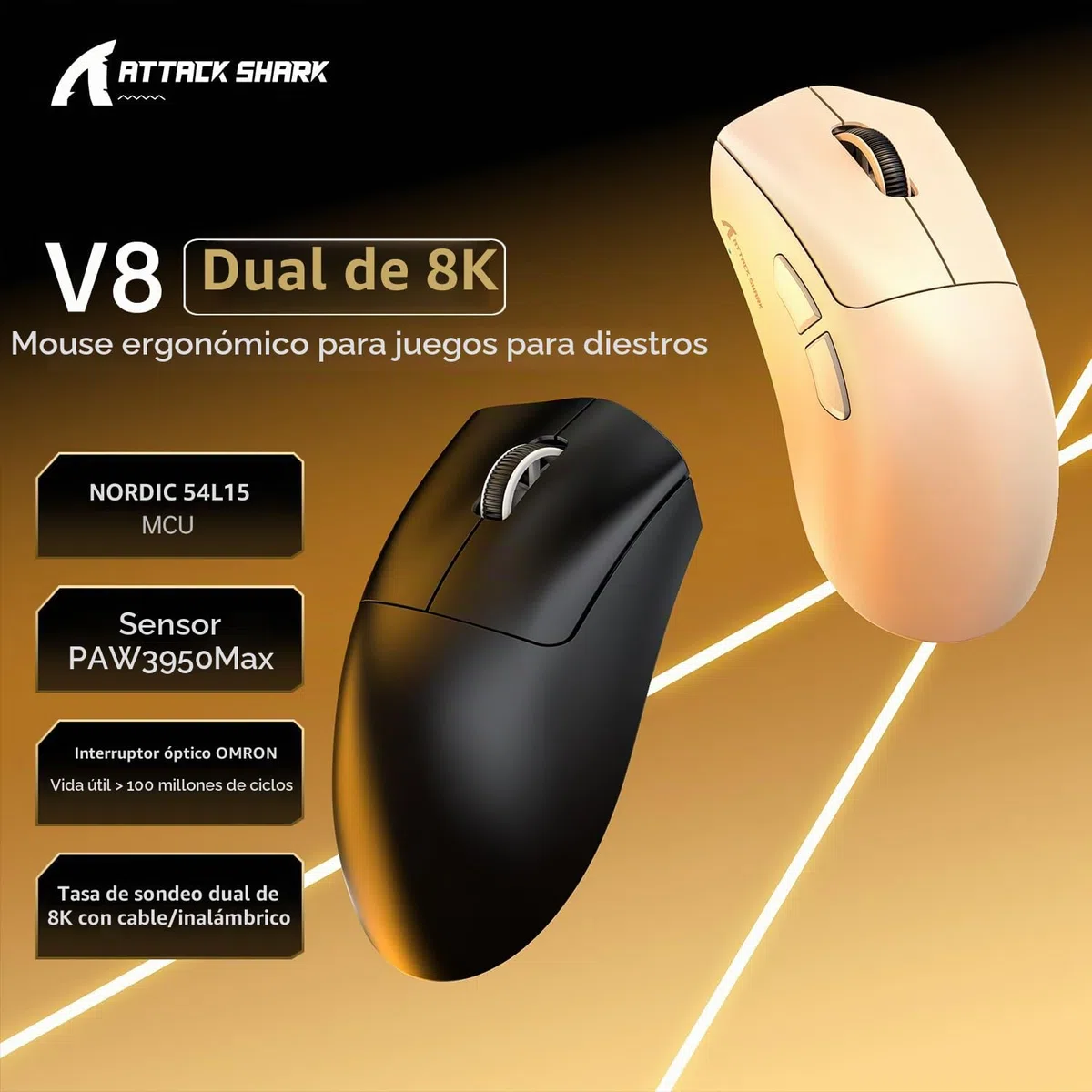 MAMBASNAKE x Attack Shark V8 Wireless Gaming Mouse, 59g Ultra-Lightweight, PAW3950MAX Sensor, Shark 8K Dongle, Tri-Mode (2.4G/Bluetooth/Wired), Right-Hand Ergonomic Design, Web-Based Software