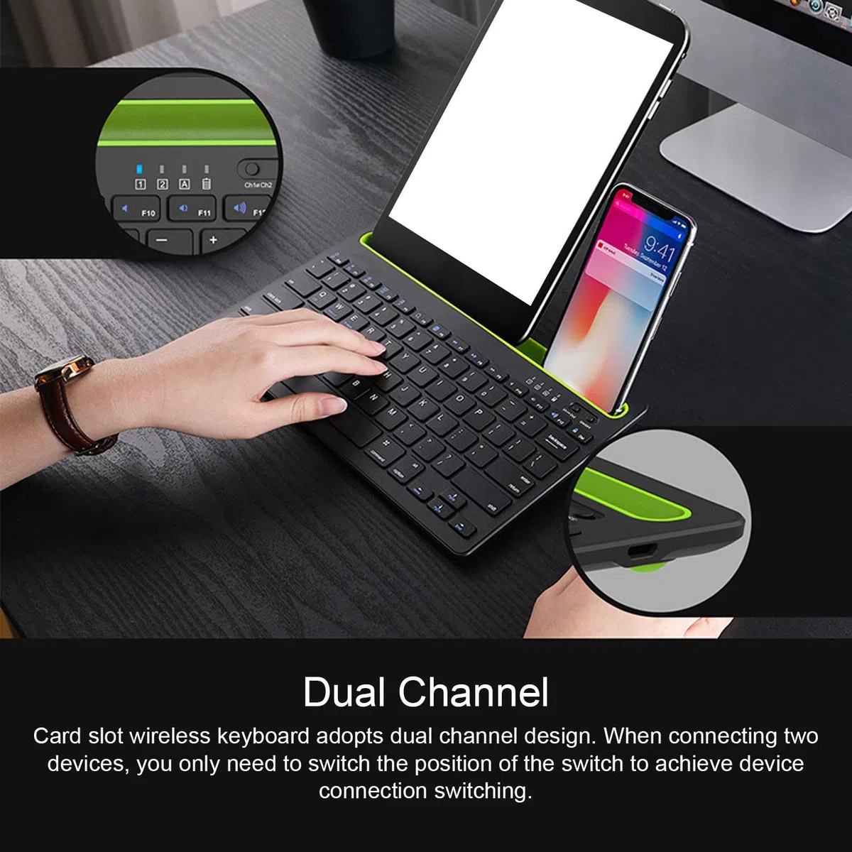 Teclado Inalámbrico Multidispositivo para OS X, Android y Windows, con Ranura para Tarjetas, Diseño de Doble Canal, Construcción de Pie de Tijera, Equipada Teclas de Acceso Rápido, Teclado Bluetooth