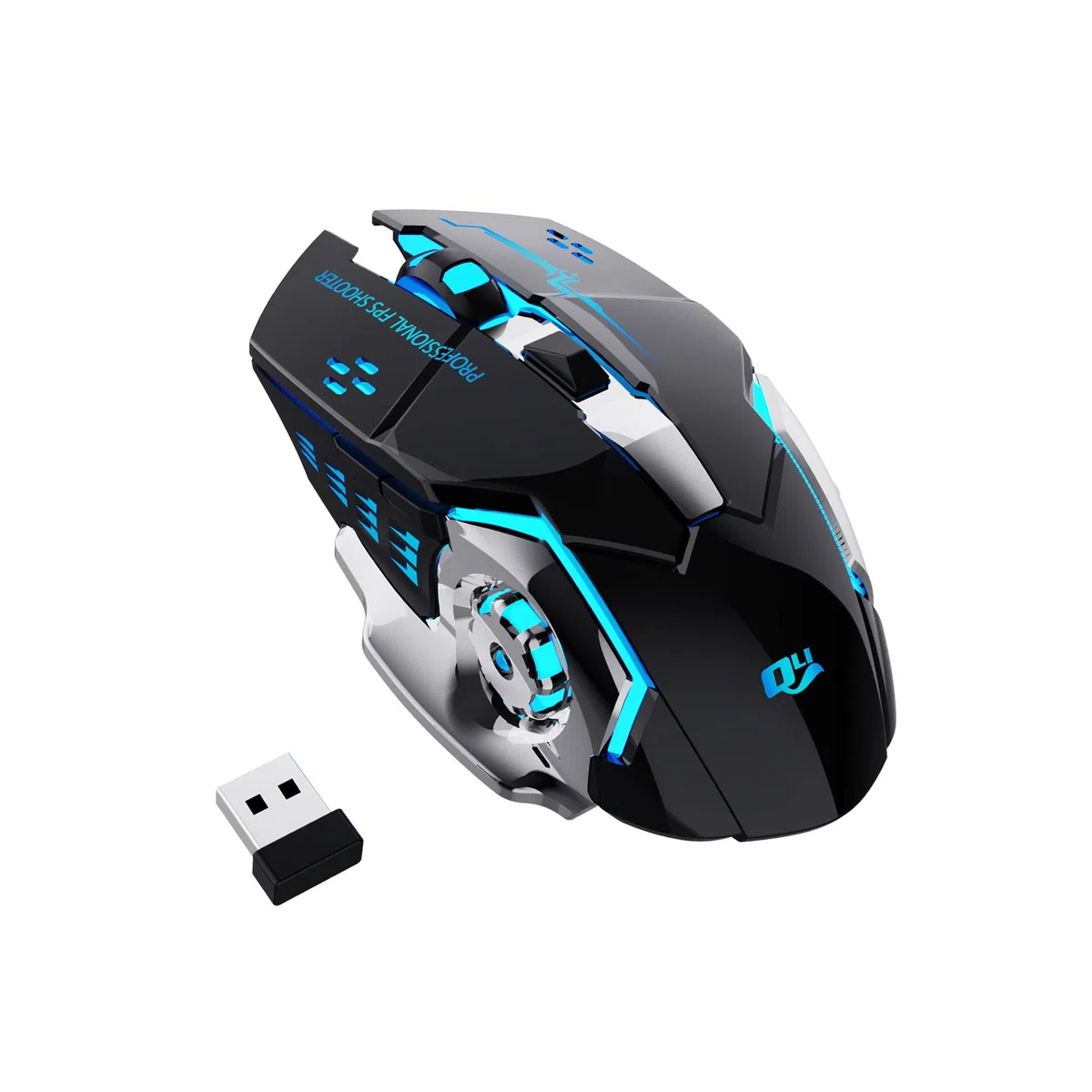QELIROKY Ratón inalámbrico recargable de 2.4 G para juegos, clic silencioso con 6 botones, 3 niveles ajustables DPI, luces LED coloridas para laptop, iPad, MacOS, PC, Windows, Android (negro)