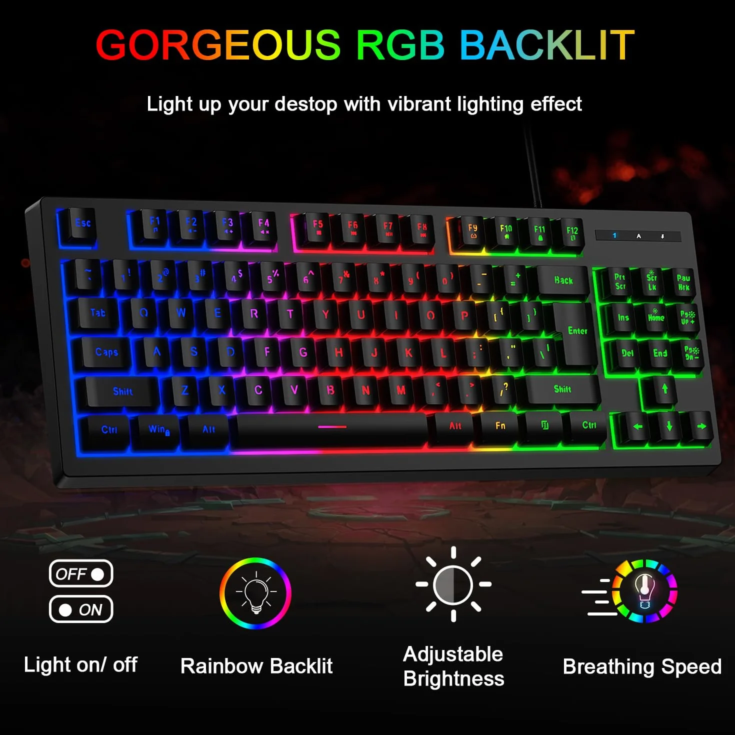 BlueFinger Combo de teclado RGB para juegos de 87 teclas y mouse retroiluminado, teclado arco iris con cable USB, juego de teclado para juegos de computadora portátil y trabajo