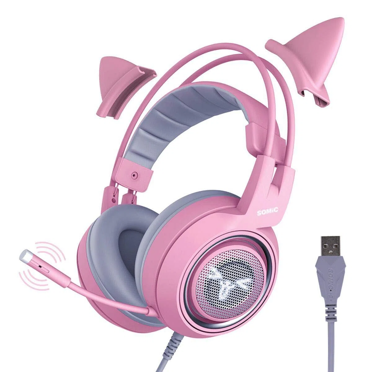 SOMIC Auriculares para Juegos Pink Cat con luz Virtual y LED 7.1, Sonido Envolvente, Auriculares con micrófono para computadora, PS4, computadora portátil para niñas, Mujer