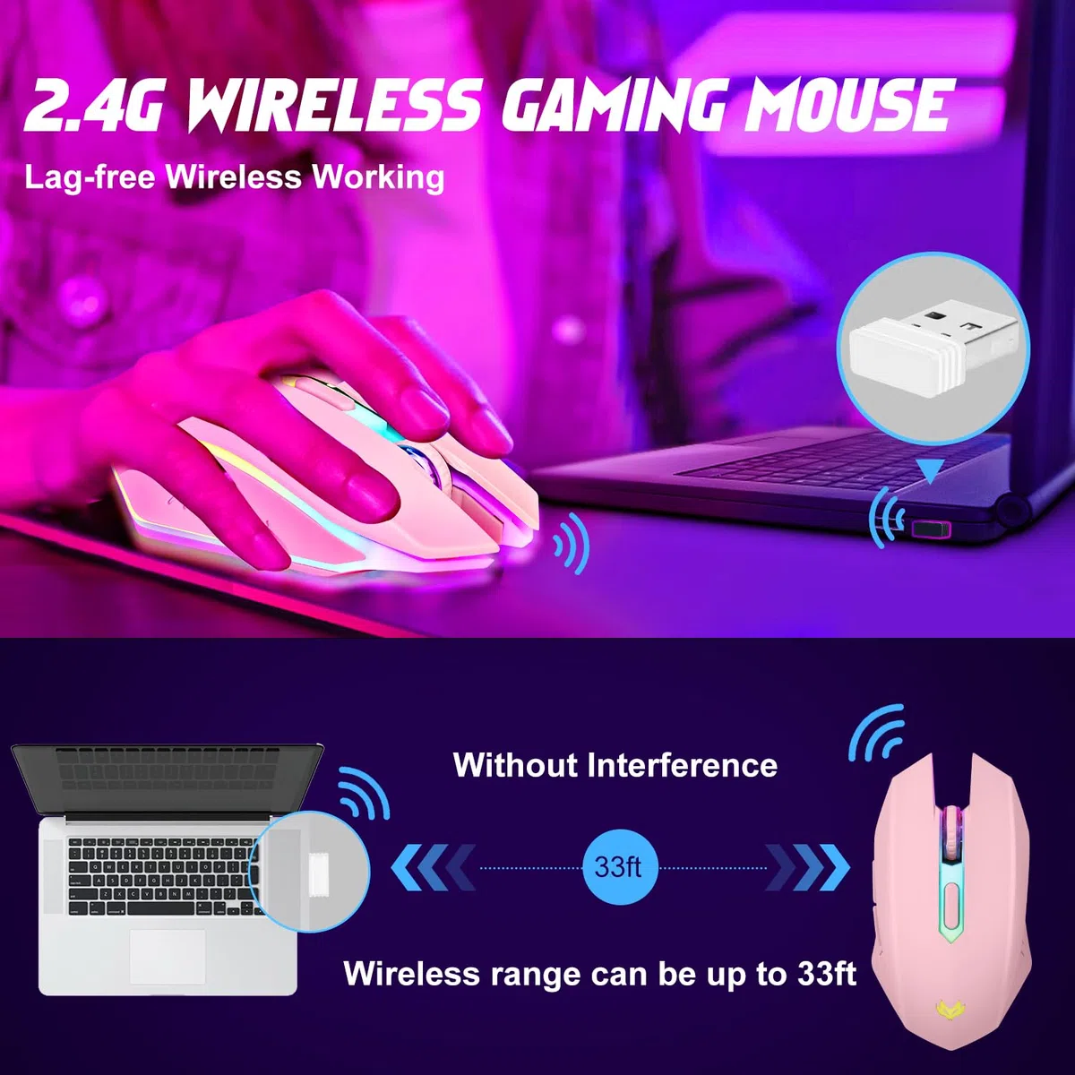 Ratón inalámbrico para juegos, mouse inalámbrico recargable para computadora, luz LED de 7 colores, mouse ergonómico con 6 botones de clic silenciosos, 3 mouse inalámbrico ajustables de