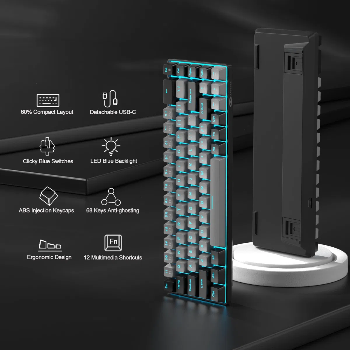MageGee Teclado mecánico portátil 60%, MK-Box retroiluminado azul hielo, 68 teclas para juegos y oficina con cable, interruptor azul para Windows, laptop, PC, Mac