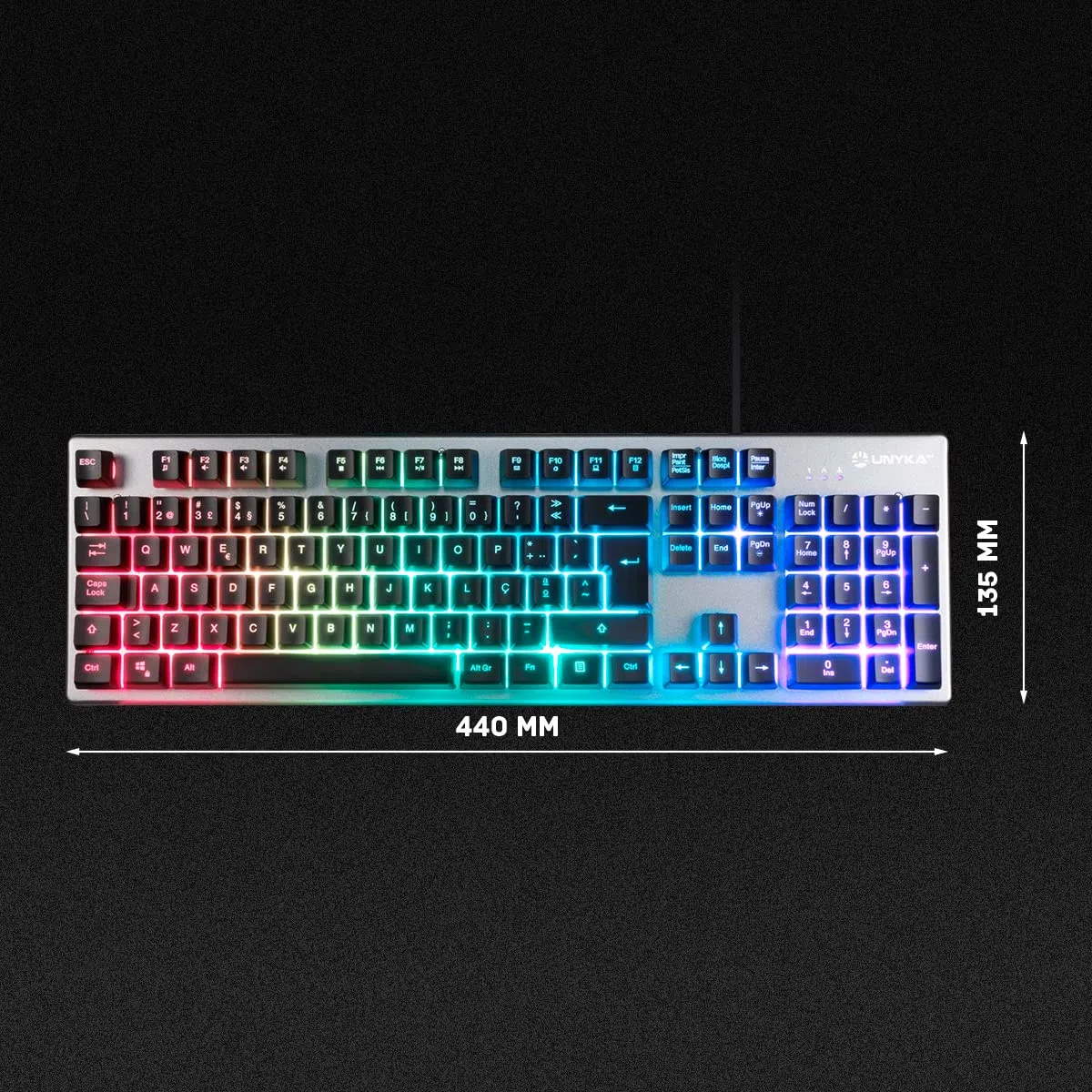 Unykach Teclado PORTUGUÉS Gaming Nova K244, 105 Teclas QWERTY | Cable USB, Retroiluminación LED RGB, Efecto Arco Iris, Ergonómico