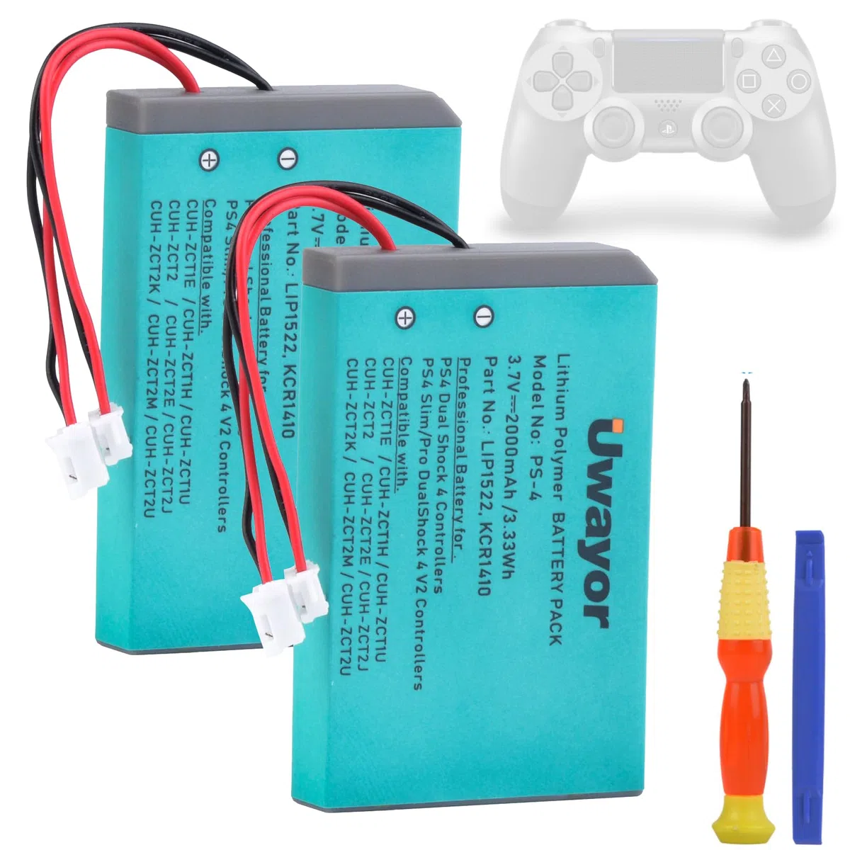 Batería de repuesto para mando PS4, 2 unidades, 2000 mAh, para mando Sony Playstation 4 y PS4pPro con herramienta de instalación