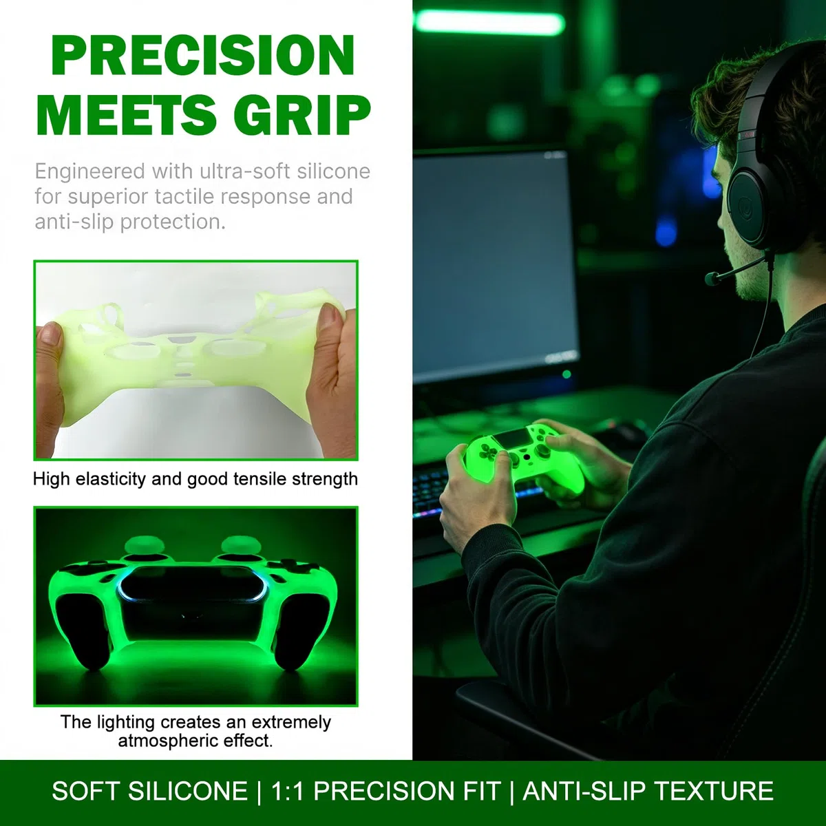 PS5 Controller Skins Silicone Grip Glow in The Dark Housse de Protection pour Manette PS5 + 8 FPS Pro Thumb Grips + 2 Pcs Caps.