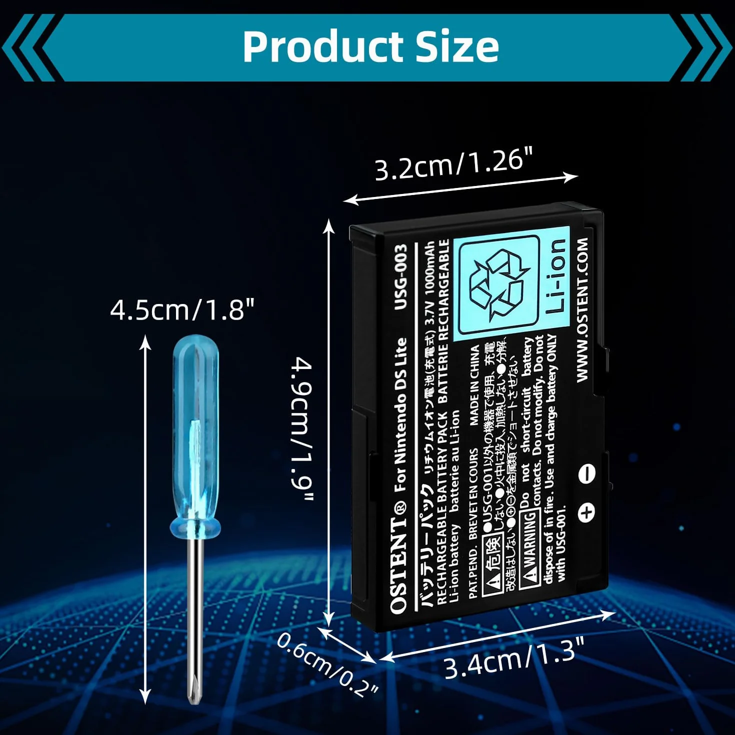 OSTENT 3.7V 1000mAh Recargable Li-Ion Polímero Batería Kit de Herramientas para Nintendo DSL NDS Lite