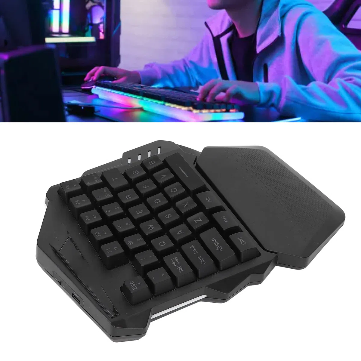 ASHATA Teclado para Juegos con una Sola Mano, Mini RGB Retroiluminado Colorido 2.4G Teclado Inalámbrico para Juegos para PC Gamer, con Reposamuñecas Desmontable, 35 Teclas