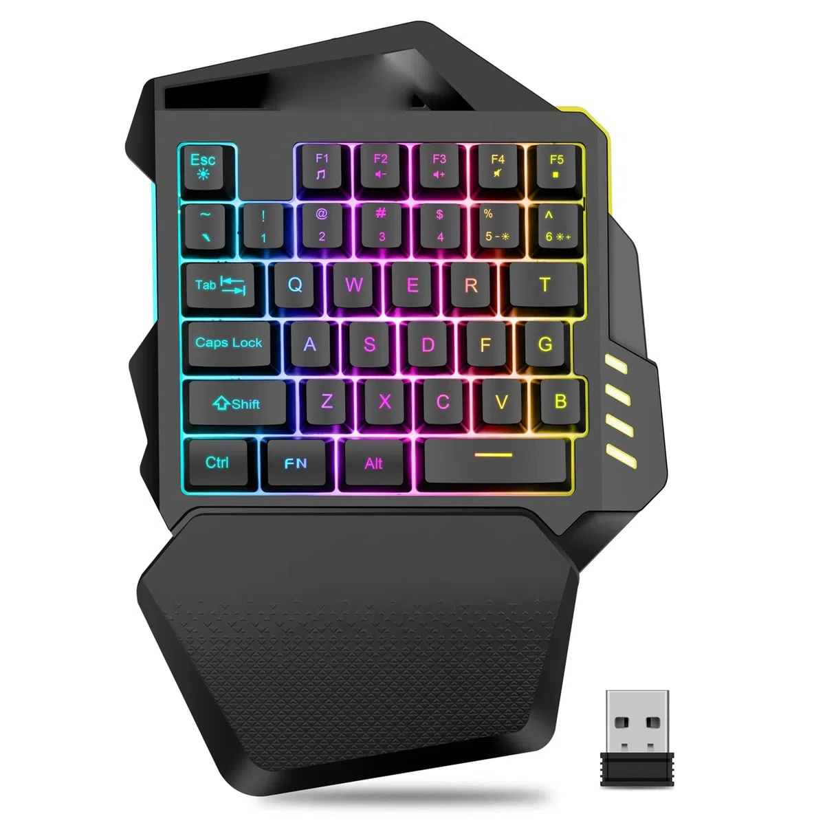 ASHATA Teclado para Juegos con una Sola Mano, Mini RGB Retroiluminado Colorido 2.4G Teclado Inalámbrico para Juegos para PC Gamer, con Reposamuñecas Desmontable, 35 Teclas