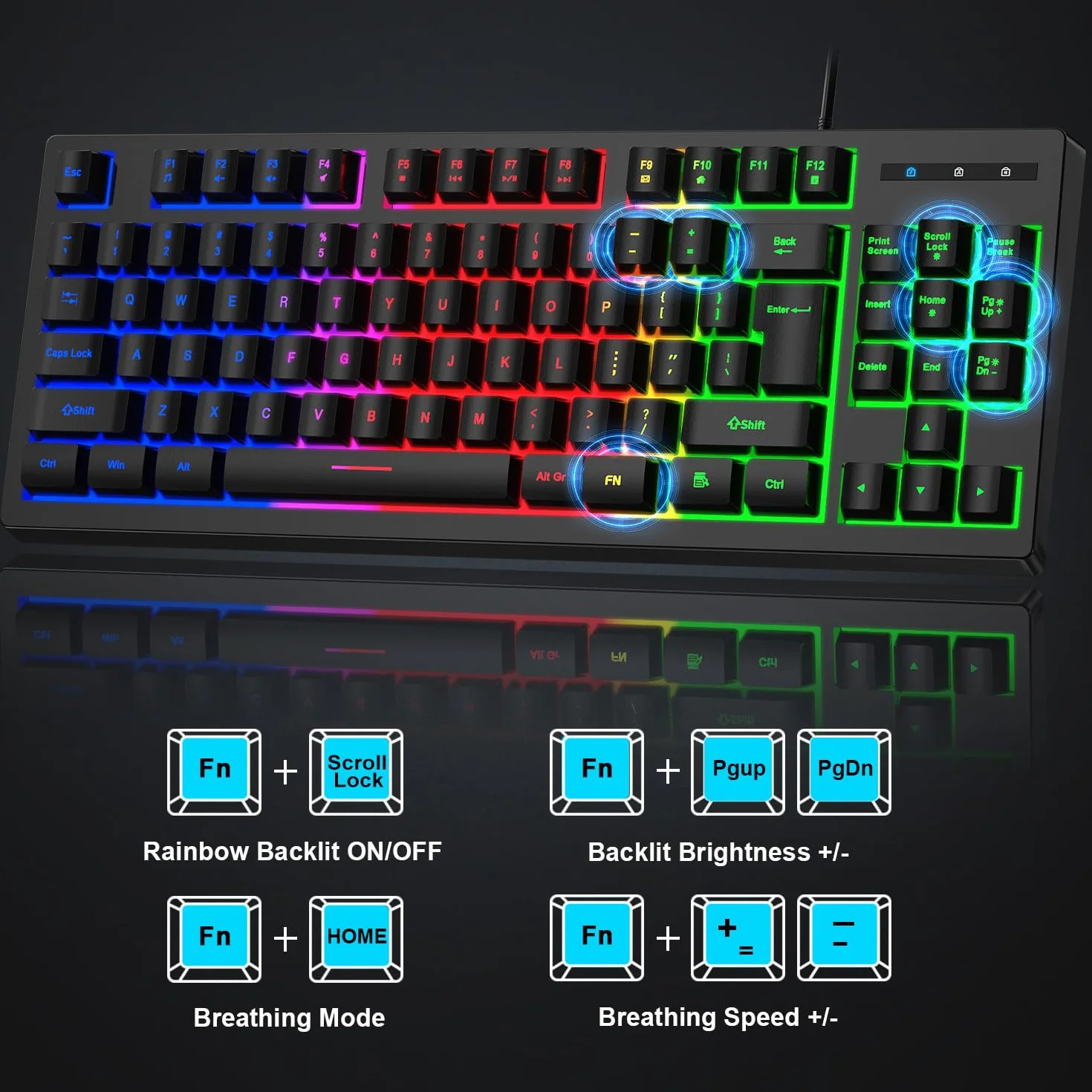 BlueFinger Combo de teclado RGB para juegos de 87 teclas y mouse retroiluminado, teclado arco iris con cable USB, juego de teclado para juegos de computadora portátil y trabajo