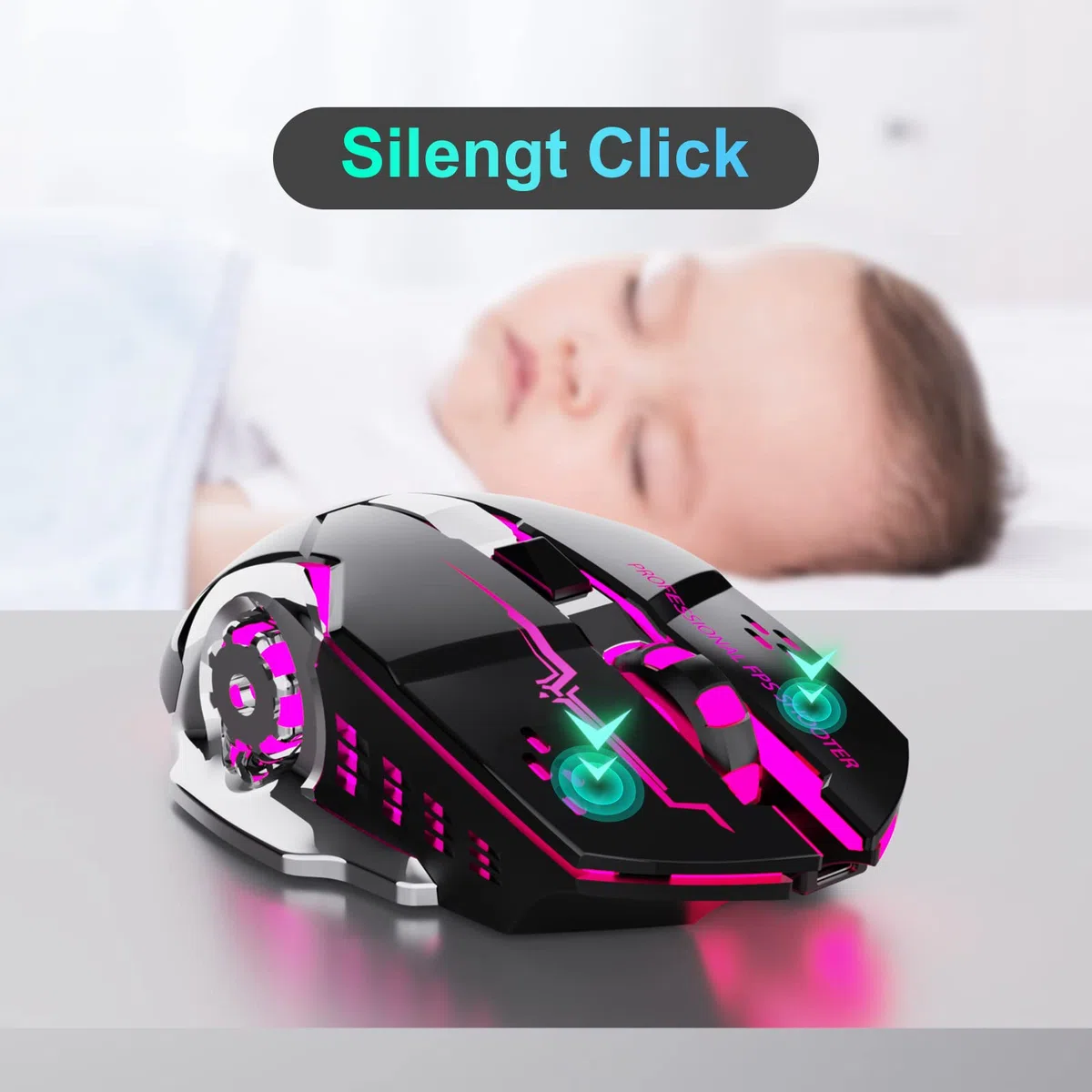 QELIROKY Ratón inalámbrico recargable de 2.4 G para juegos, clic silencioso con 6 botones, 3 niveles ajustables DPI, luces LED coloridas para laptop, iPad, MacOS, PC, Windows, Android (negro)