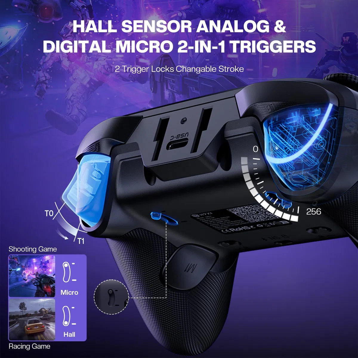 NYXI Master P1 2.4G Mando PC inalámbrico, Joystick de efecto Hall, Disparador Hall y Micro Variable, Control de audio,Turbo/Vibración ajustable, Bloqueo rápido programable - para PC/Switch/iOS/Android
