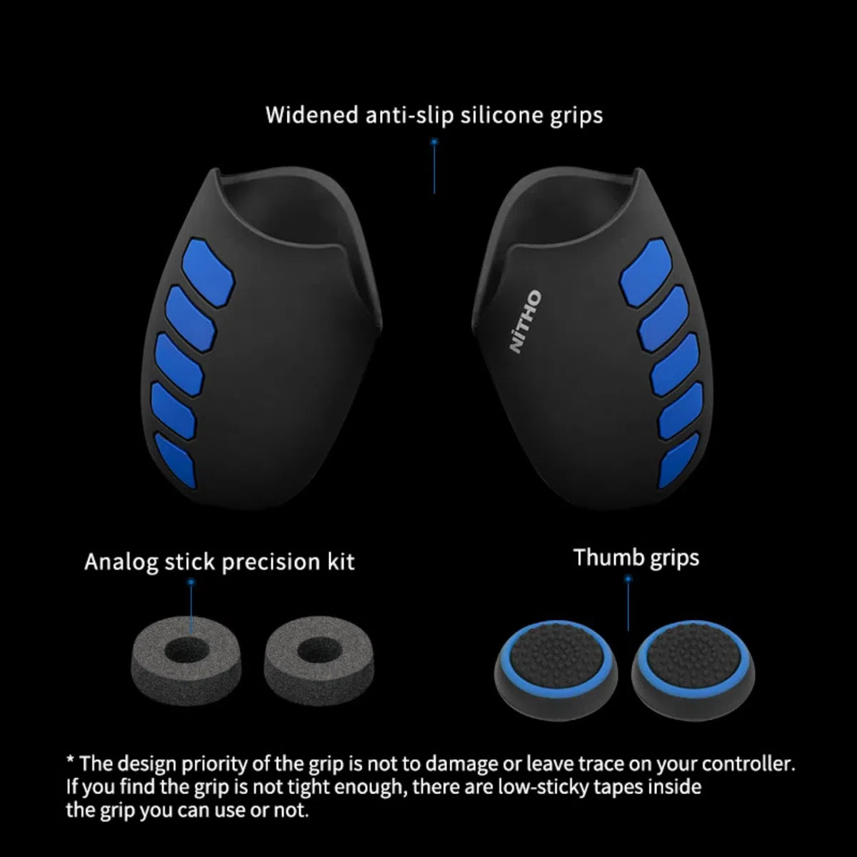 NiTHO Gaming Kit para Mando de PlayStation 4, Incluye Mangos de Silicona Antisudor, Anillos de Precisión, Empuñaduras para Pulgar, Mejora el Control y la Precisión del Juego para PS4 - Azul/Negro