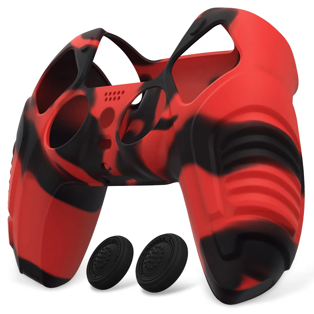 PlayVital Funda de Silicona para ps5 Mando - Carcasa Antideslizante Ergonómica con 2 Tapas para Joysticks, Protector Suave y Resistente - Edición Guerrero Raging (Rojo Negro)