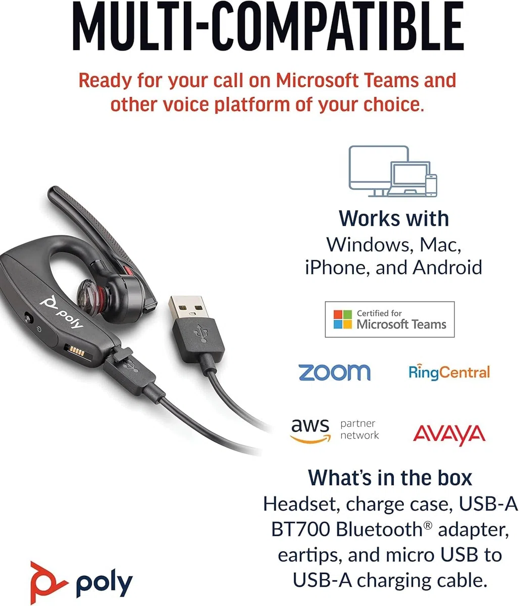 Plantronics Voyager 5200UC Wireless Headset & Charging Cradle (Poly), Auricular Bluetooth de un solo oído (mono) con micrófono con cancelación de ruido - se conecta al móvil/mac/PC mediante Bluetooth