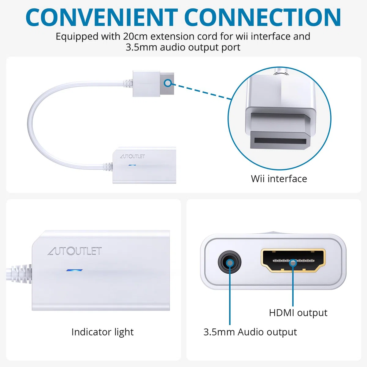 AUTOUTLET Adaptador Wii a HDMI, Convertidor Wii Hdmi 1080P / 720P Full HD, con Salida de Audio y Video de 3,5mm para Nintendo Wii, Monitor de TV, Proyector, Televisión, Blanco