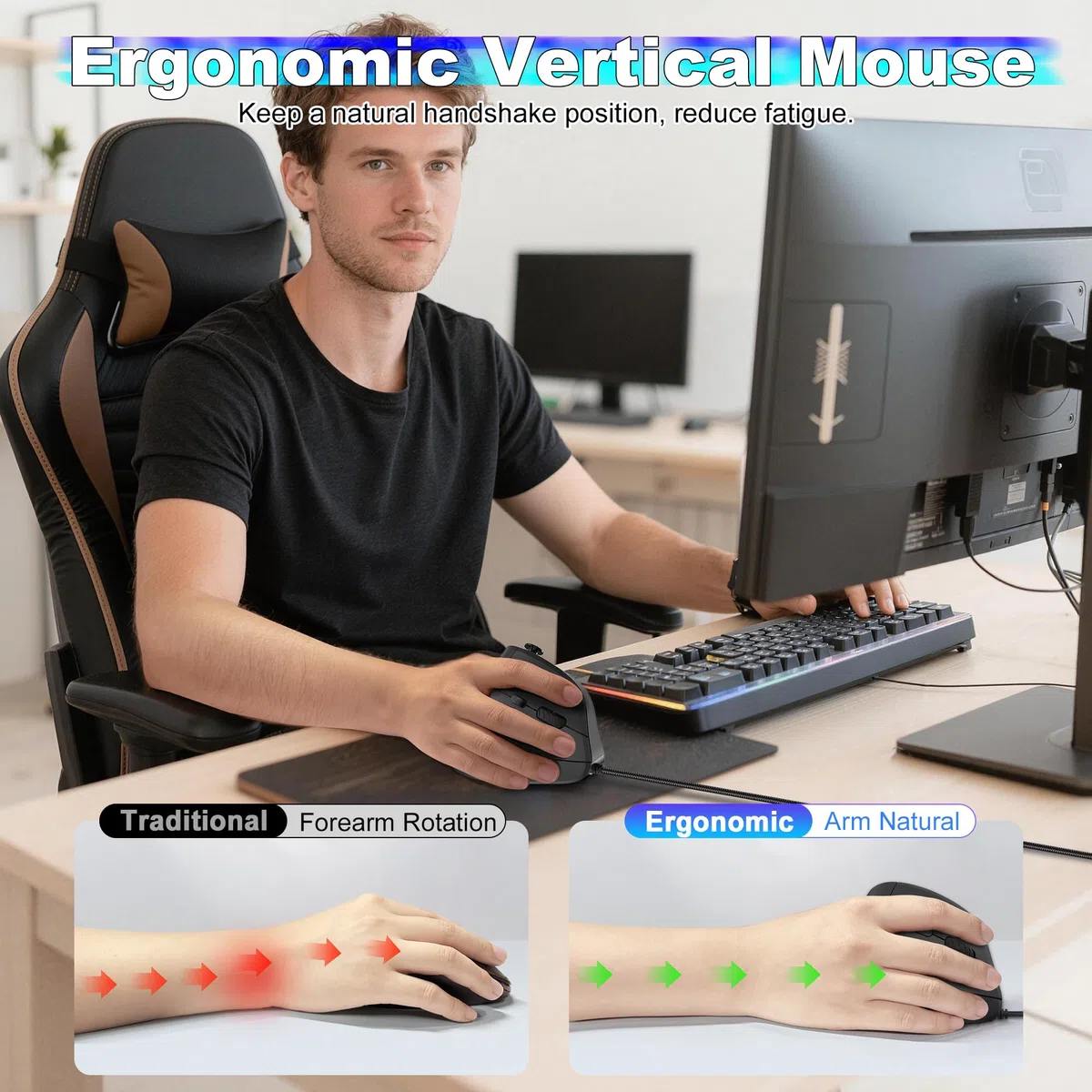TRELC Ratón para Juegos con balancín 5D, Mouse ergonómico con 10000 DPI/11 Botones programables, Mouse Vertical RGB para Juegos con Cable para PC/portátil/Deportes electrónicos/Jugadores (Negro)