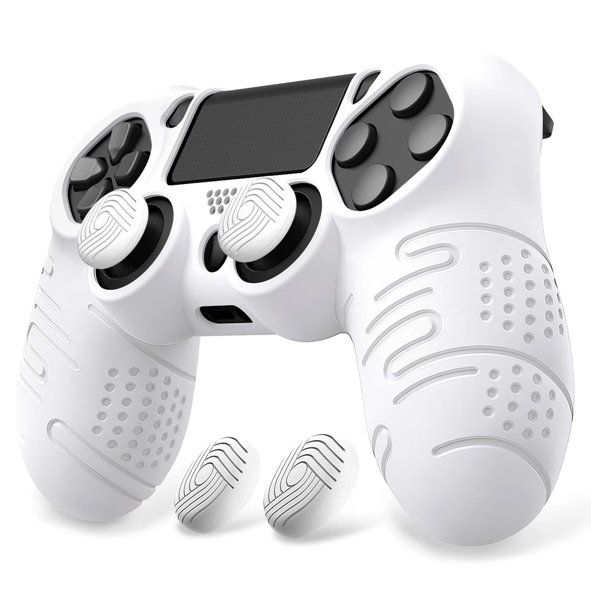 PlayVital Funda de Silicona para ps4 Mando - Carcasa Protectora Antideslizante con Tapas para Pulgar, Grip Mejorado, Compatible con ps4 Slim y Pro, Accesorio para Control (Line & Dot-Blanco)