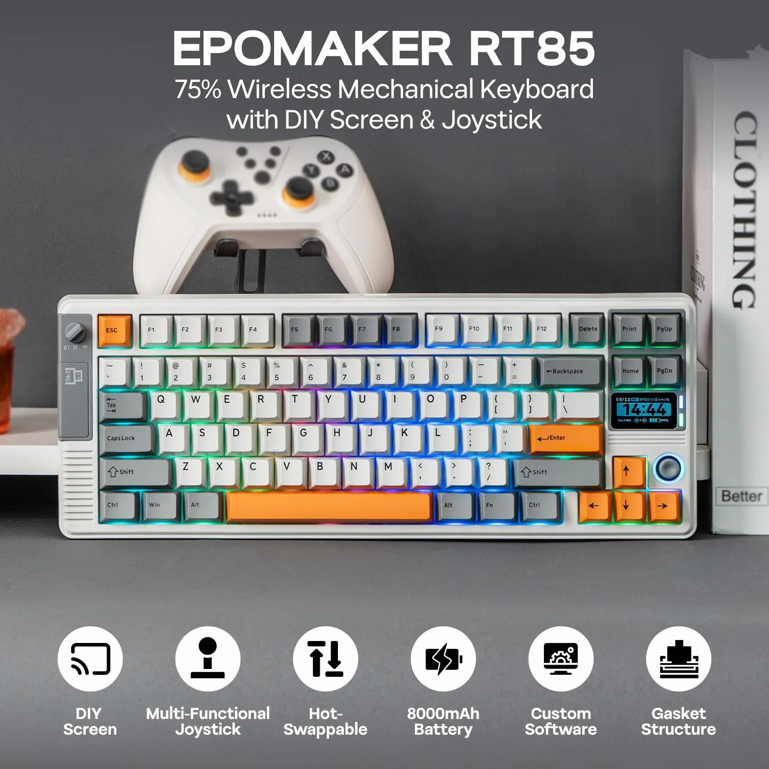 EPOMAKER RT85 Teclado Gaming Mecánico Inalámbrico con Joystick,Blanco Retro | Pantalla Personalizable, 8000mAh, BT/USB/2.4Ghz, Gasket, Acolchado de 5 Capas, Hot-Swap, Teclas PBT, Wisteria Linear Switch