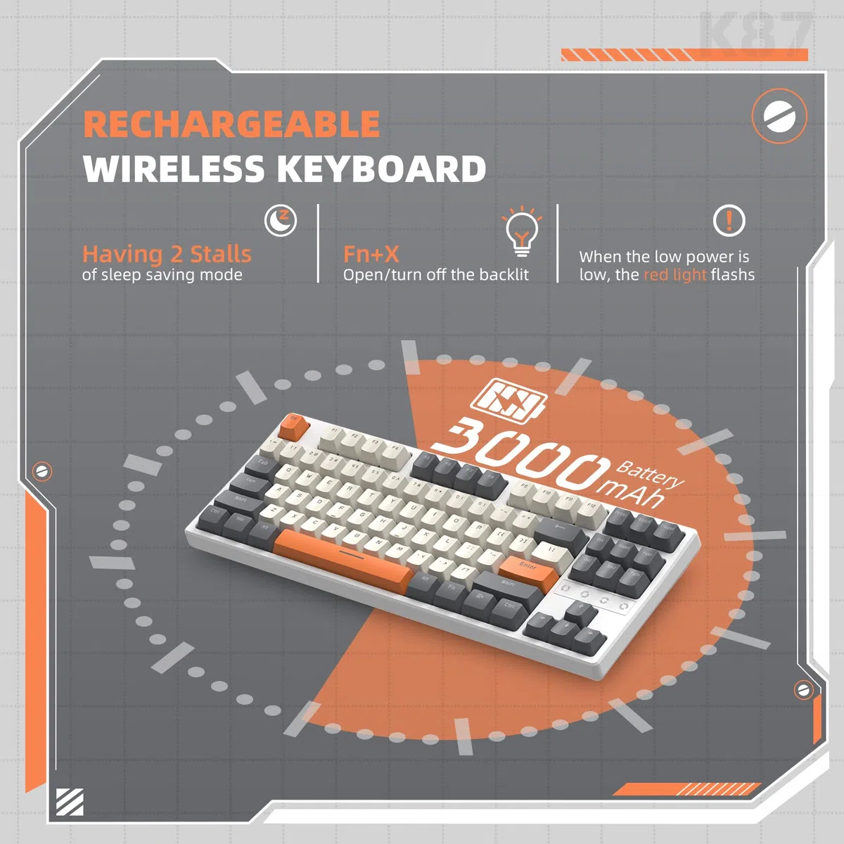 K87 Teclado para Juegos 75% Inalámbrico - Modo triple-BT5.0/2,4G/USB Cable - Compacto 87 Teclas TKL 80% - Iluminación LIGHTSYNC RGB - Interruptor Lineal Silencioso Hot-Swap Recargable 3000mAh - Gris