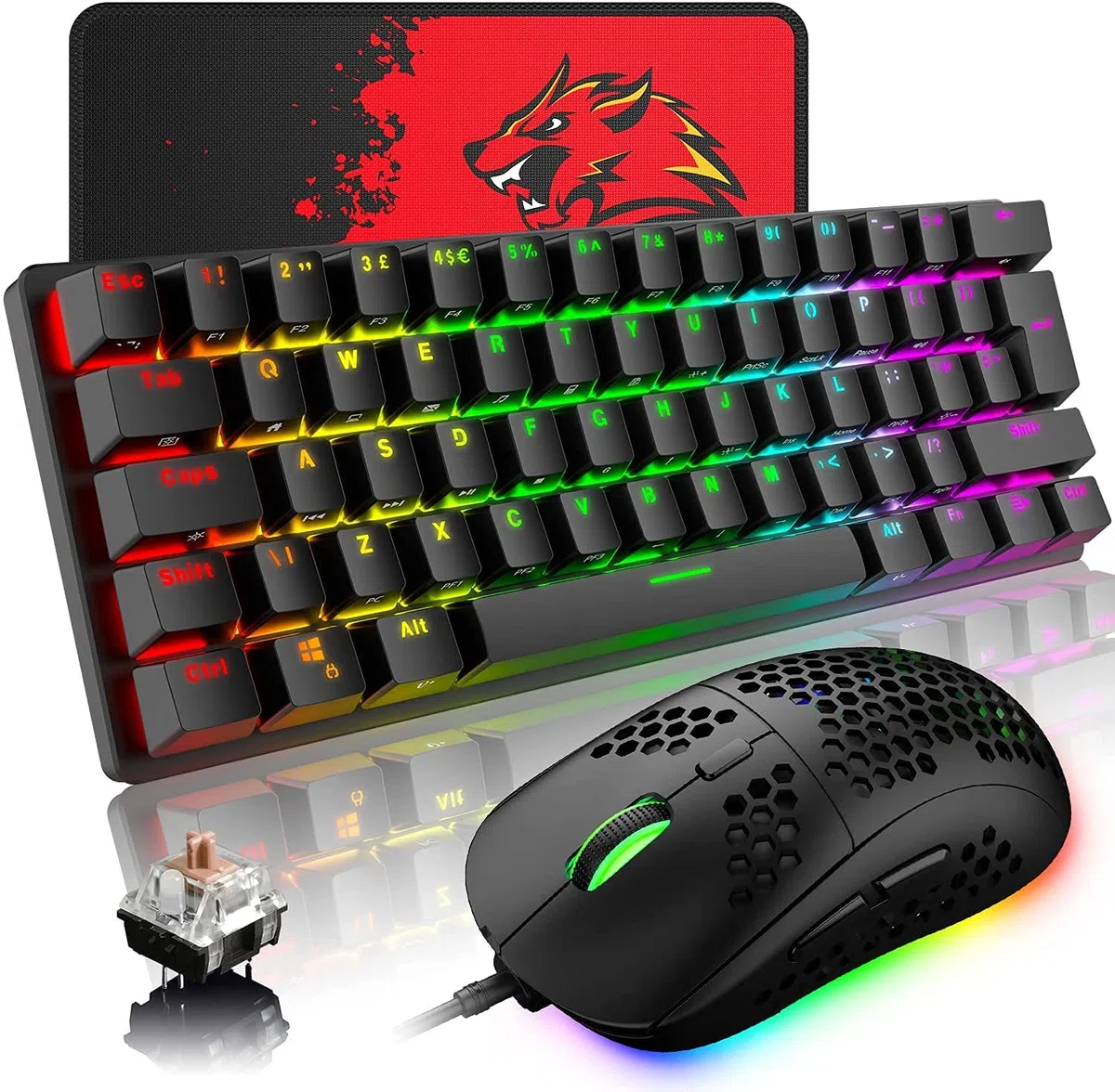 Teclado mecánico para Juegos con diseño del Reino Unido, RGB 14 Efectos de retroiluminación Mini 62 Teclas con Cable Tipo C + Ligero RGB 6400DPI Honeycomb Mouse + Mouse Pad Compatible con PS4, PC