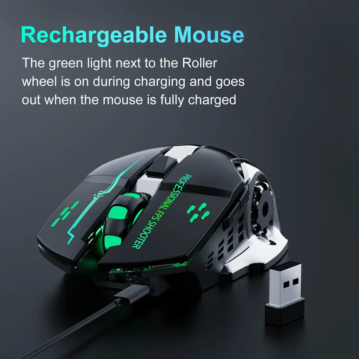 QELIROKY Ratón inalámbrico recargable de 2.4 G para juegos, clic silencioso con 6 botones, 3 niveles ajustables DPI, luces LED coloridas para laptop, iPad, MacOS, PC, Windows, Android (negro)
