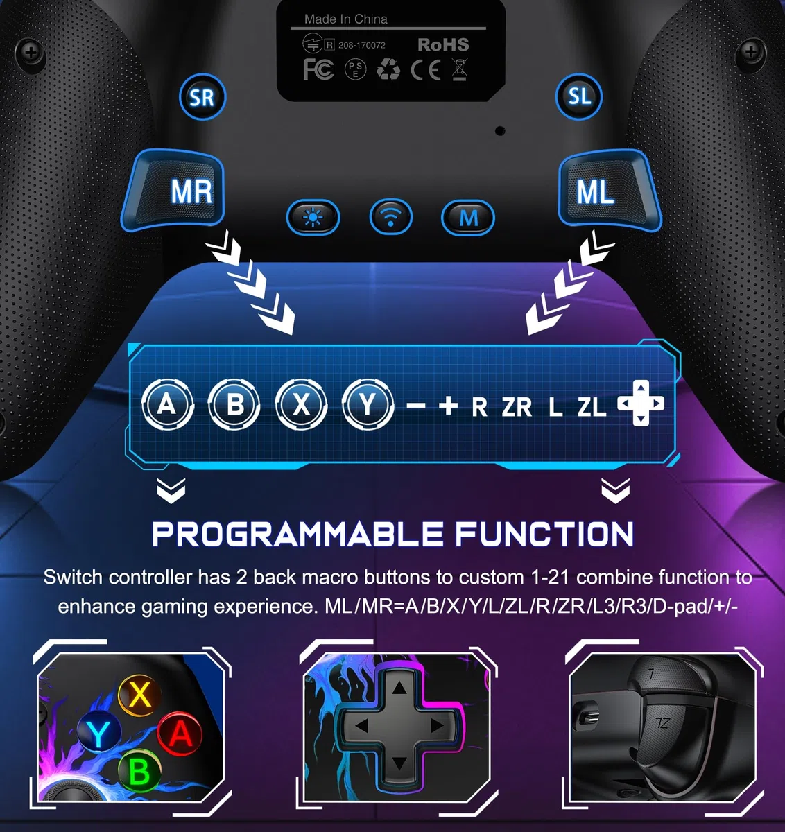 Controladores de interruptor inalámbricos para Nintendo Switch/Switch Lite/OLED, RGB Switch Pro Controller compatible con iOS/Android/PC, Switch Remote Gamepad con Macro/Turbo/Control de
