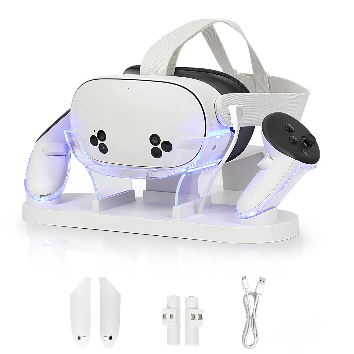 Estación de carga VR para Meta Quest 3S/Quest 3, base de carga rápida magnética con indicadores LED, 2 baterías recargables, cargador tipo C, blanco + transparente