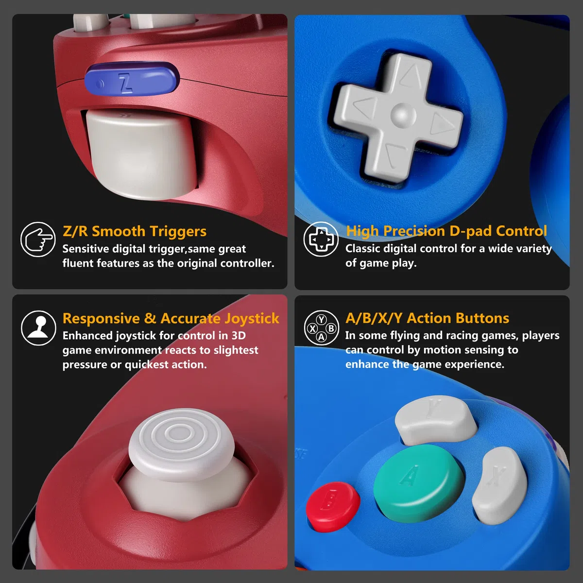 FIOTOK Controlador Gamecube, controlador clásico con cable para Wii y Gamecube | Azul y rojo, paquete de 2
