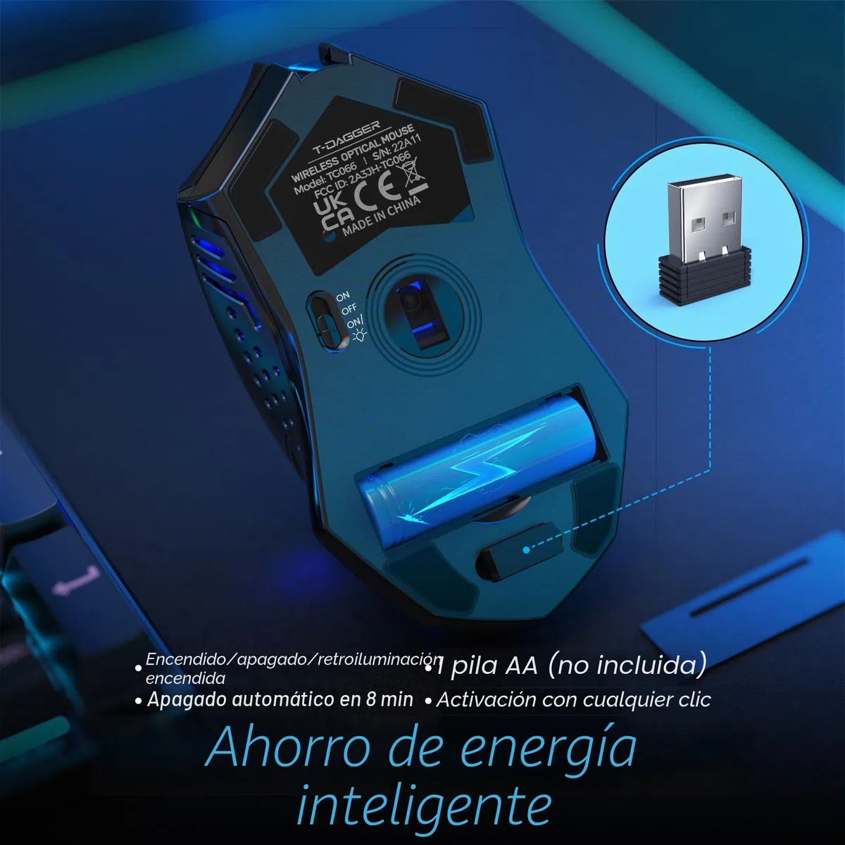 T-DAGGER Ratón inalámbrico para Juegos - Ratones inalámbricos USB para computadora con retroiluminación LED roja, Mouse ergonómico silencioso para Laptop con 7 Botones de Clic silenciosos, 5 dpi