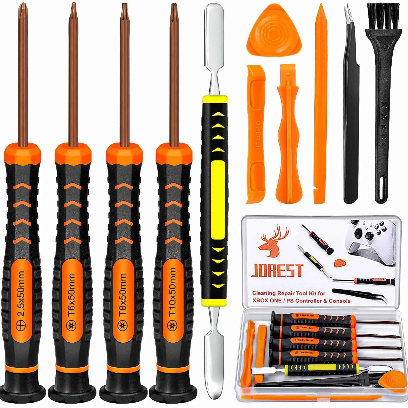 JOREST Kit de Desmontar Xbox one/360/X PS4 PS5 PS3, 25pcs Set Limpieza, Herramienta Reparacion para Mando y Consola, con Destornillador PH0 y Torx T6 T8 T10, Palanca, Pinzas, Cepillo