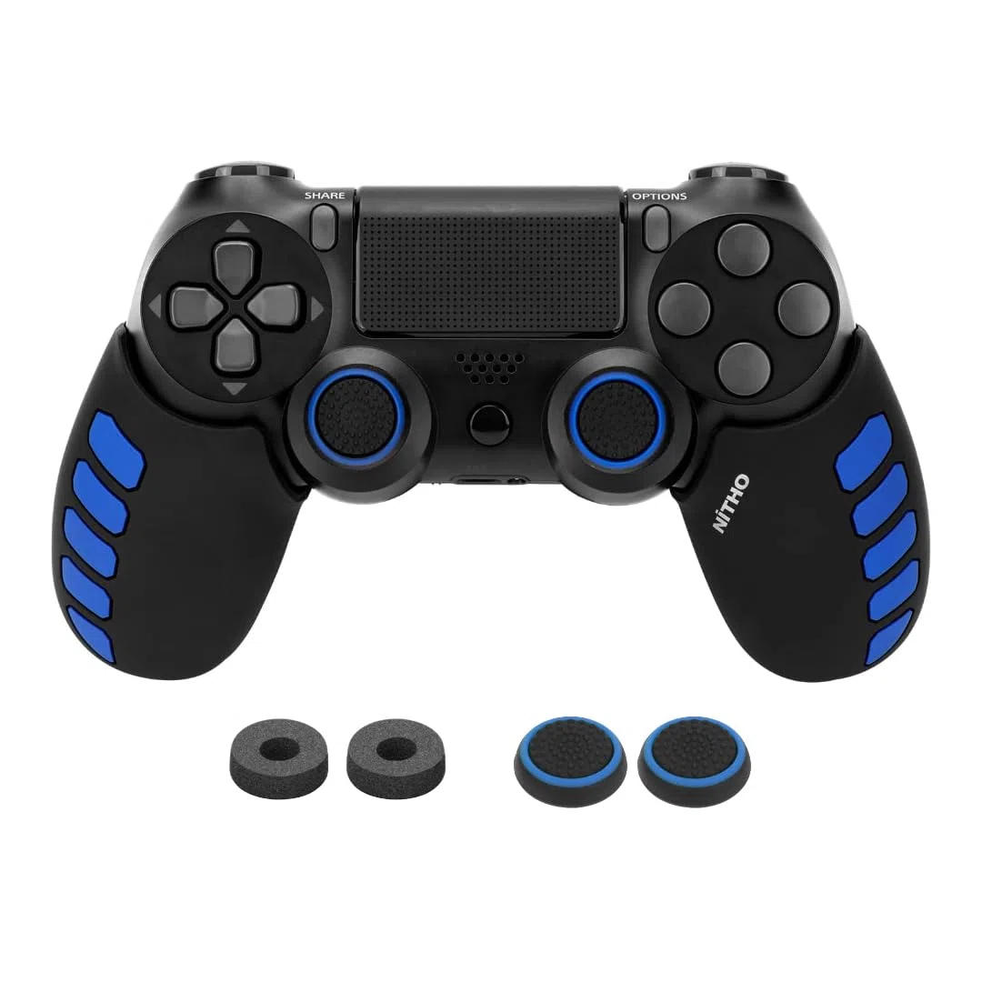 NiTHO Gaming Kit para Mando de PlayStation 4, Incluye Mangos de Silicona Antisudor, Anillos de Precisión, Empuñaduras para Pulgar, Mejora el Control y la Precisión del Juego para PS4 - Azul/Negro