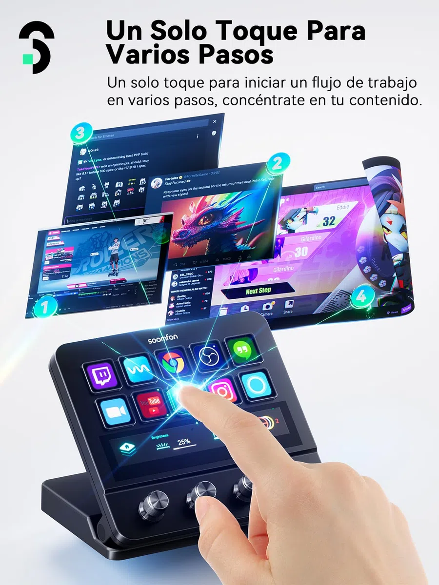 SOOMFON Stream Controller Deck 10 Teclas Macro&Pantalla Táctil&4 Perillas | Stream Controlador Deck con OBS Twitch YouTube PS Word Zoom Excel y Más, con Mac/Win, para Streaming Gaming Oficina Creación