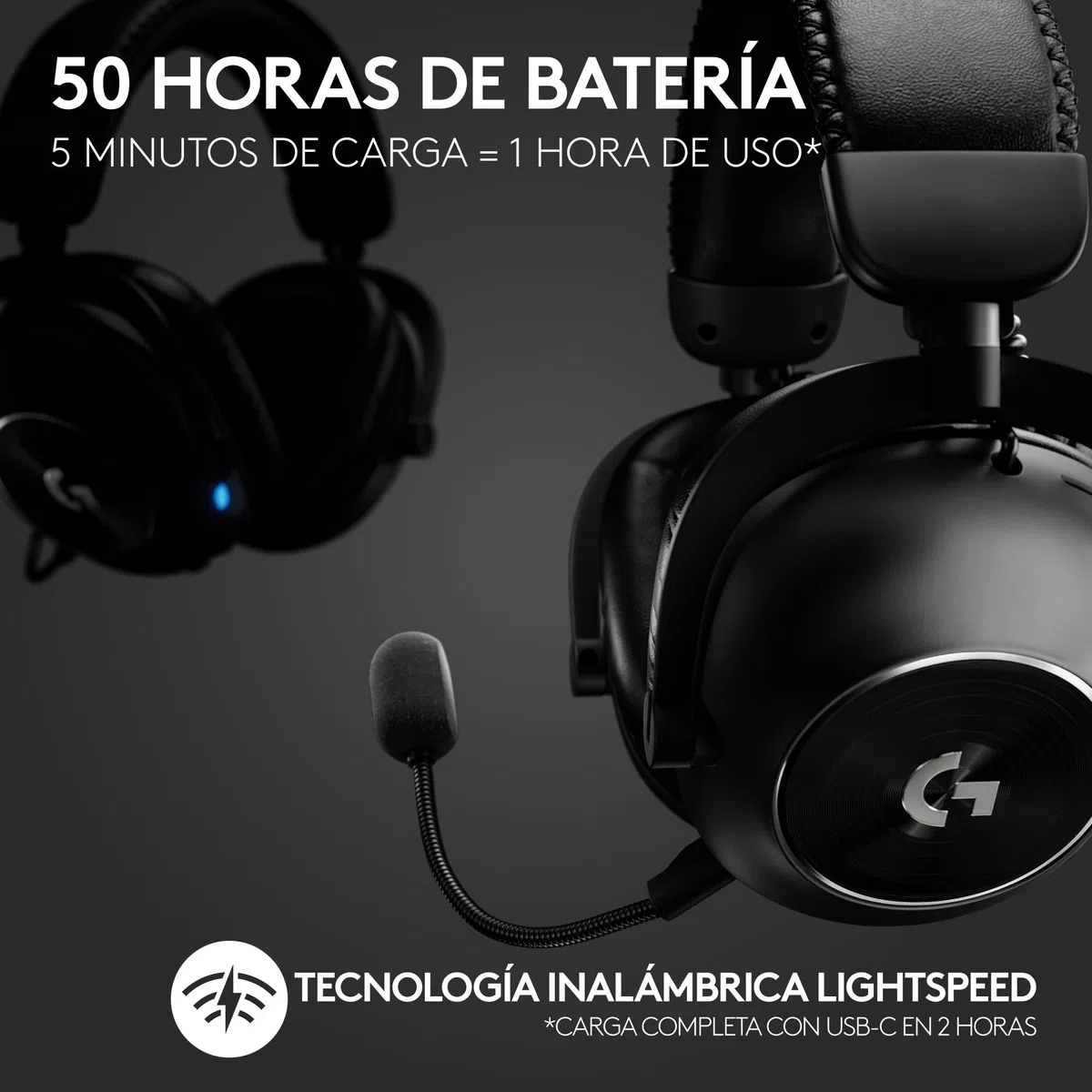 Logitech G PRO X 2 LIGHTSPEED Auriculares gaming inalámbricos, mic. brazo desmont., transductores grafeno 50 mm, DTS:X 2.0-7.1 Surround, Bluetooth/USB/3.5 mm Aux, PC, PS5, PS4, Nintendo Switch - Negro