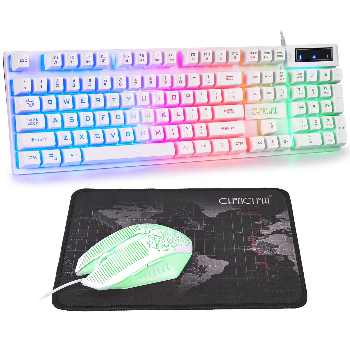 CHOCNHOW - Teclado y mouse para juegos con cable, teclado blanco retroiluminado, teclas iluminadas, teclas multimedia, impermeable, compatible con PC, portátil, Xbox, PS4, PS5, Work/Gamer