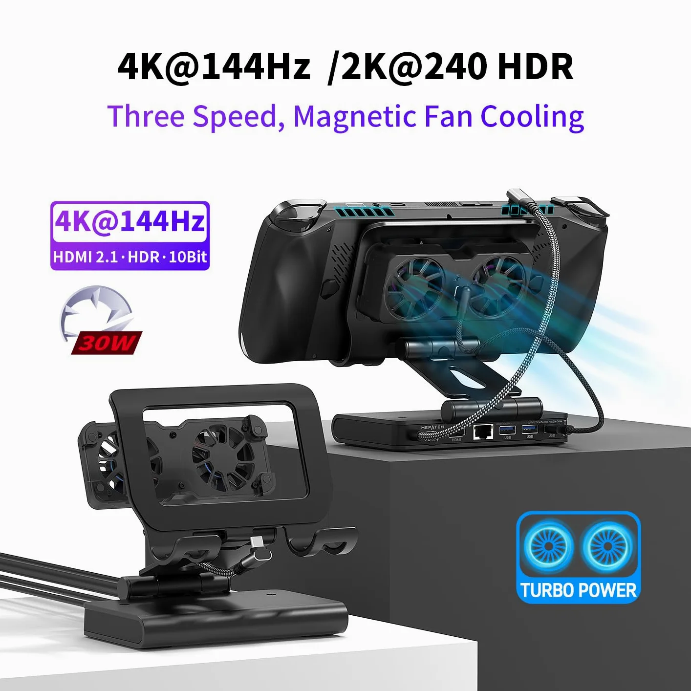 Base de Acoplamiento magnética con Doble Ventilador 4K@144Hz – PD 100W y Gigabit para ROG Xbox Ally/X, ROG Ally/X, Switch 2/1, Steam Deck (OLED), Claw/Claw 8, Legion Go y OneXPlayer