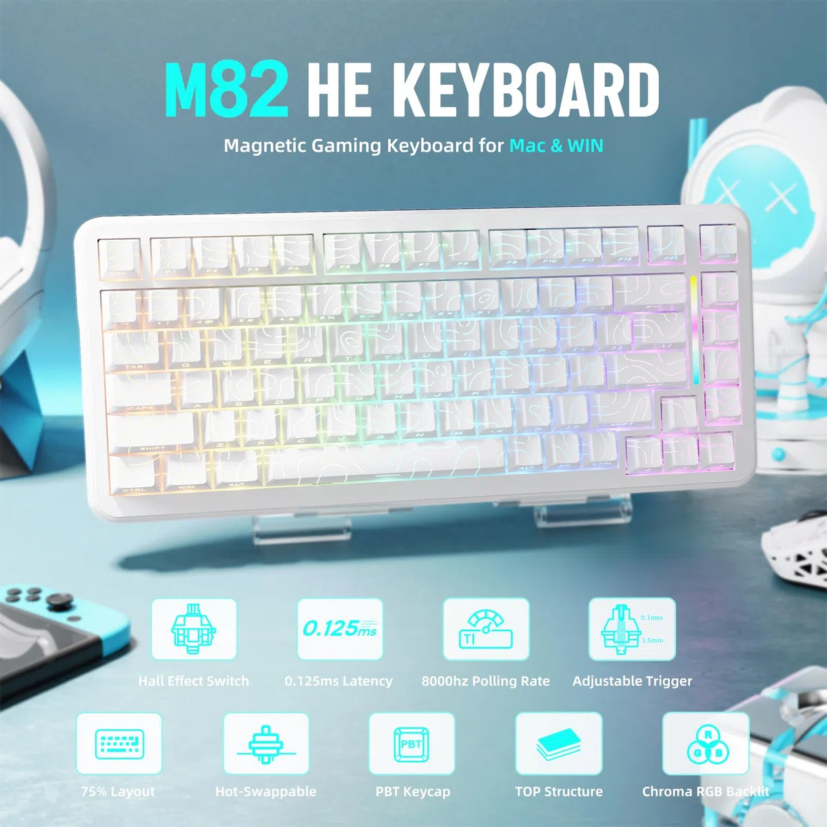 MAMBASNAKE M82 HE Teclado magnético con Cable 75%, Tasa de Sondeo 8K Hz, Actuación Ajustable, y precisión de 0,01 mm. Teclado para Rapid Trigger Juegos con retroiluminación RGB- Contorno Blanco